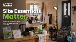 Site essentials for a property renovation, shown with a UK refurb site, key safe, work light, cleaning supplies, tea and coffee station, rubble sacks and site checklist