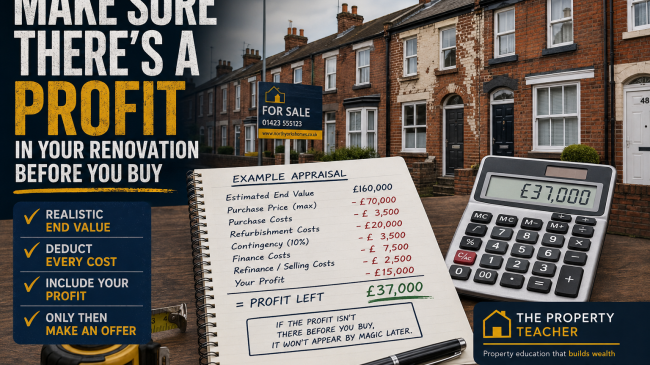Making sure there is a profit in your renovation before you buy, using a realistic UK property appraisal with all costs deducted and profit shown clearly