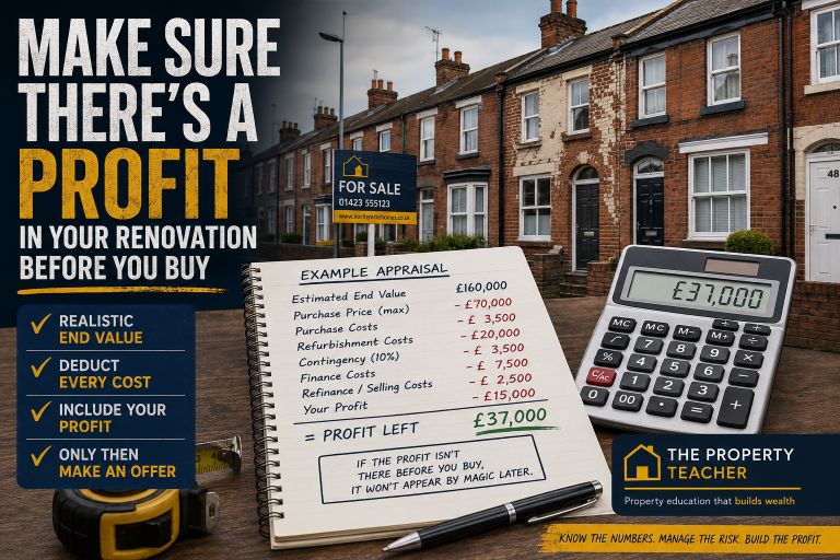 Making sure there is a profit in your renovation before you buy, using a realistic UK property appraisal with all costs deducted and profit shown clearly
