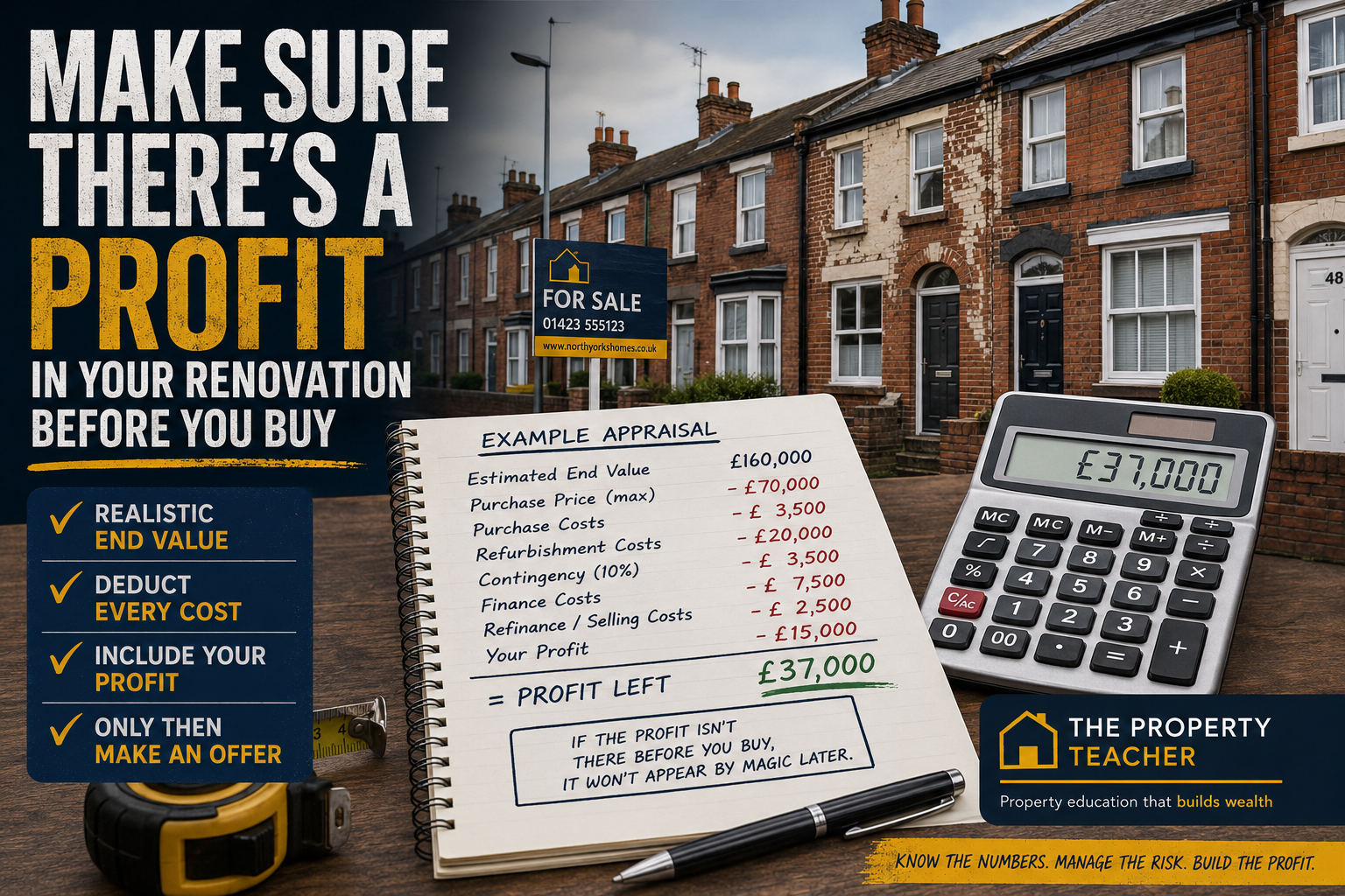 Making sure there is a profit in your renovation before you buy, using a realistic UK property appraisal with all costs deducted and profit shown clearly
