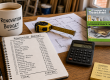A property renovation budgeting workspace with a cost breakdown notebook, calculator, floor plans, tape measure, renovation mug and Peter Jones’s Successful Property Renovator’s Workshop book in view