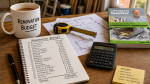 A property renovation budgeting workspace with a cost breakdown notebook, calculator, floor plans, tape measure, renovation mug and Peter Jones’s Successful Property Renovator’s Workshop book in view