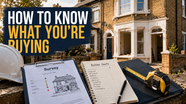 How to know what you’re buying before a renovation, with a UK house inspection scene showing a survey report, builder quote, tape measure and refurbishment project