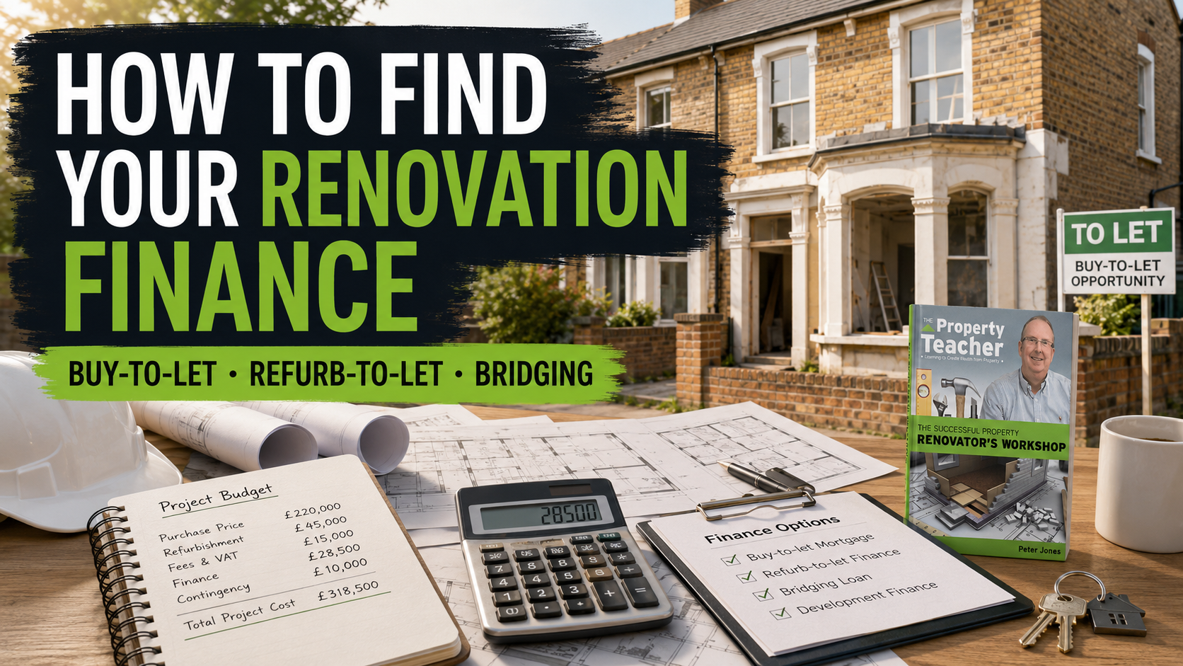 How to find your renovation finance, shown with a UK refurbishment project, finance paperwork, calculator, project budget, keys and a house mid-renovation