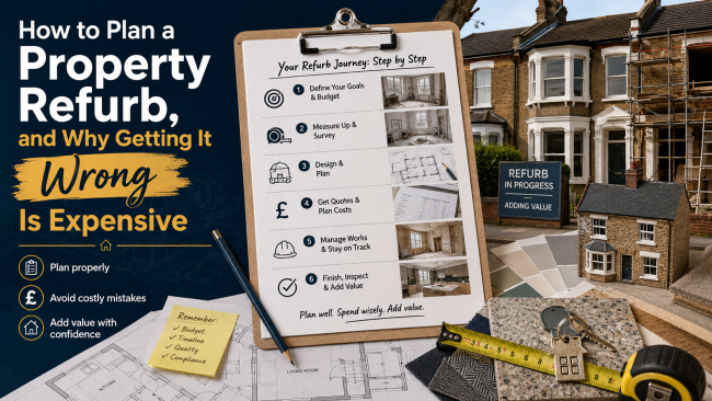How to plan a property refurb and avoid costly mistakes, shown with a step-by-step refurbishment plan, UK house, floor plans, tools and keys