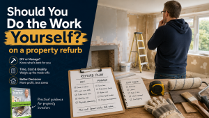 Should you do the work yourself on a property refurb, shown with a stripped-out room, DIY tools, a refurbishment checklist and an investor deciding between doing the work and managing the project