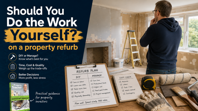 Should you do the work yourself on a property refurb, shown with a stripped-out room, DIY tools, a refurbishment checklist and an investor deciding between doing the work and managing the project