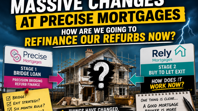 Dramatic refurbishment finance graphic showing Precise bridge lending, Rely buy-to-let exit uncertainty, a renovation project and a warning to check the exit with a broker.