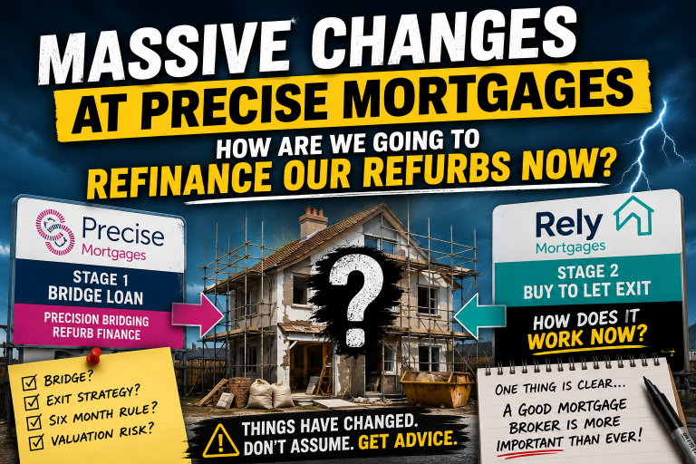 Dramatic refurbishment finance graphic showing Precise bridge lending, Rely buy-to-let exit uncertainty, a renovation project and a warning to check the exit with a broker.